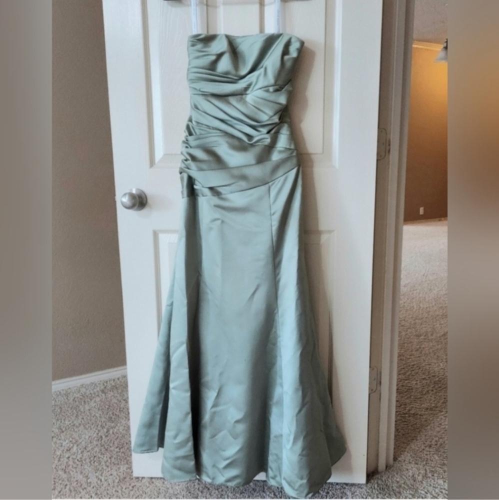 Alfred Angelo Strapless Ruched Satin Gown in Sage Green